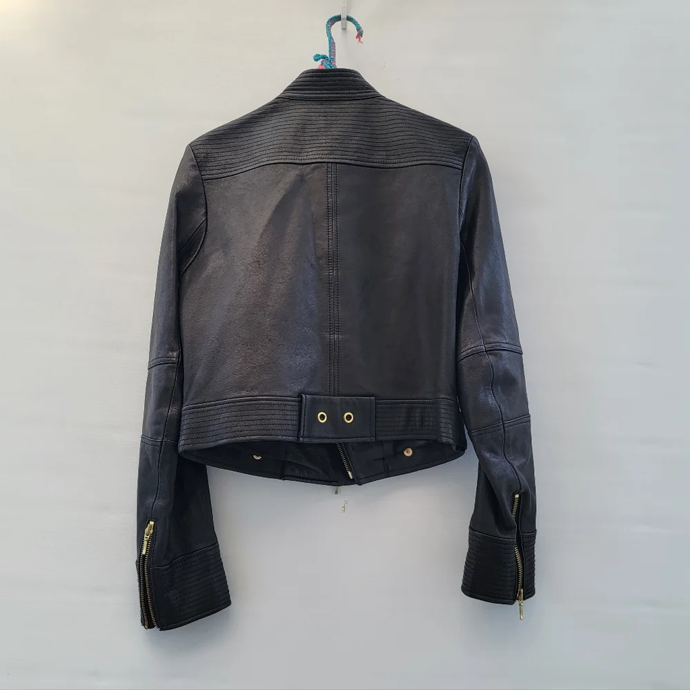 Truth+Pride Black Leather Moto Jacket Size Large Minimalist Classic Gold Neutral - Picture 9 of 16